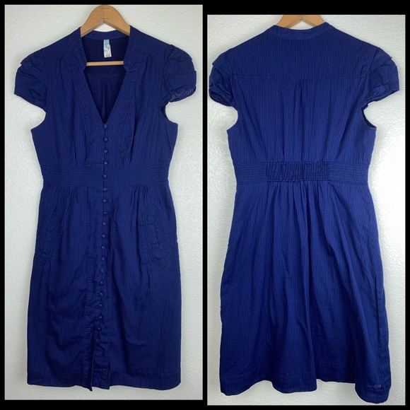 Anthro Maeve Pinstripe Button Down Cotton Button Down Dress w/Pockets - Picture 2 of 9